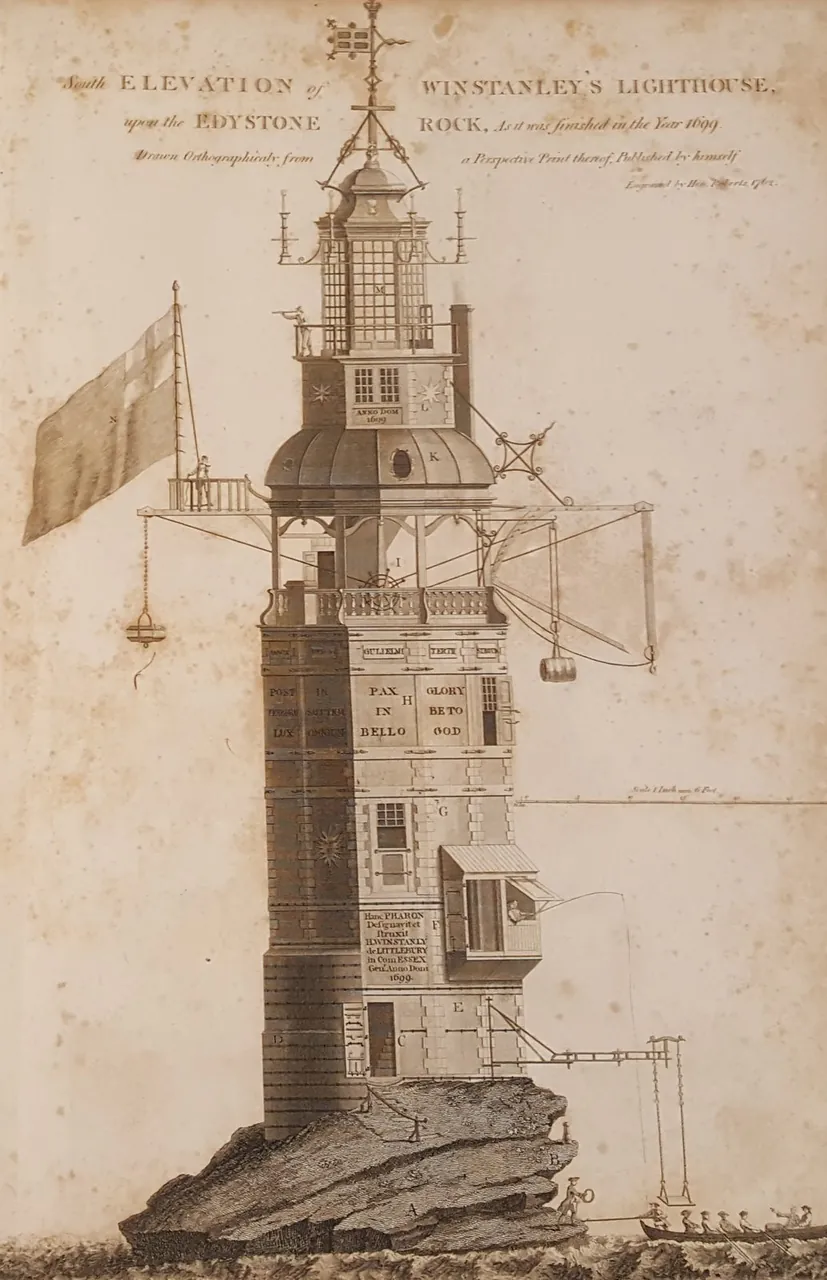 An engraved elevation of an ornate wooden lighthouse on a rock in the sea, with galleries, a lantern and cranes.