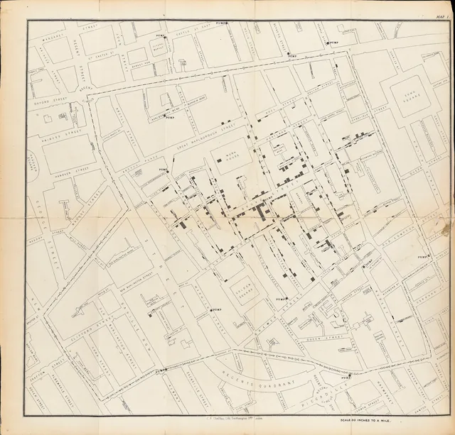 A street map of Soho in London with small black bars stacked along the streets, each bar a death, clustered around the Broad Street pump.