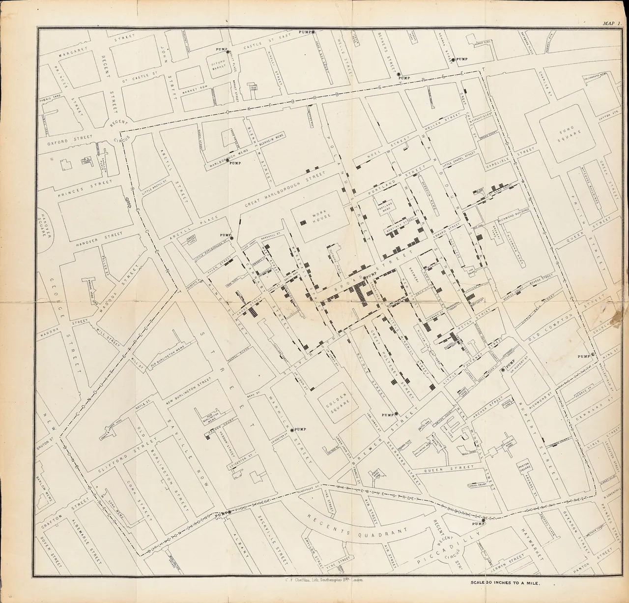 A street map of Soho in London with small black bars stacked along the streets, each bar a death, clustered around the Broad Street pump.