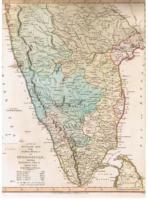 A hand-coloured engraved map of southern India, its regions washed in pale colours, from the Coromandel coast to the Malabar coast.