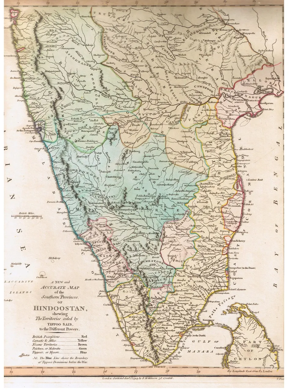 A hand-coloured engraved map of southern India, its regions washed in pale colours, from the Coromandel coast to the Malabar coast.
