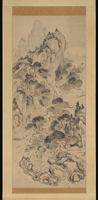 A tall ink landscape of pines, rocks and mountains in which small figures of scholars gather beside a winding stream.