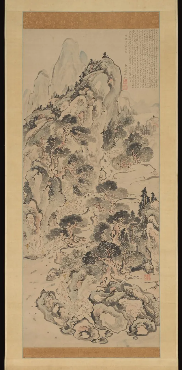 A tall ink landscape of pines, rocks and mountains in which small figures of scholars gather beside a winding stream.
