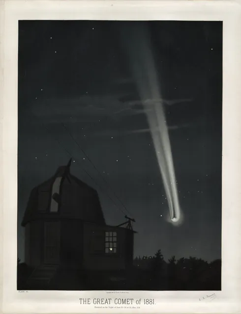 A bright comet with a long pale tail streams up across a dark starry sky above the dome of a small observatory.