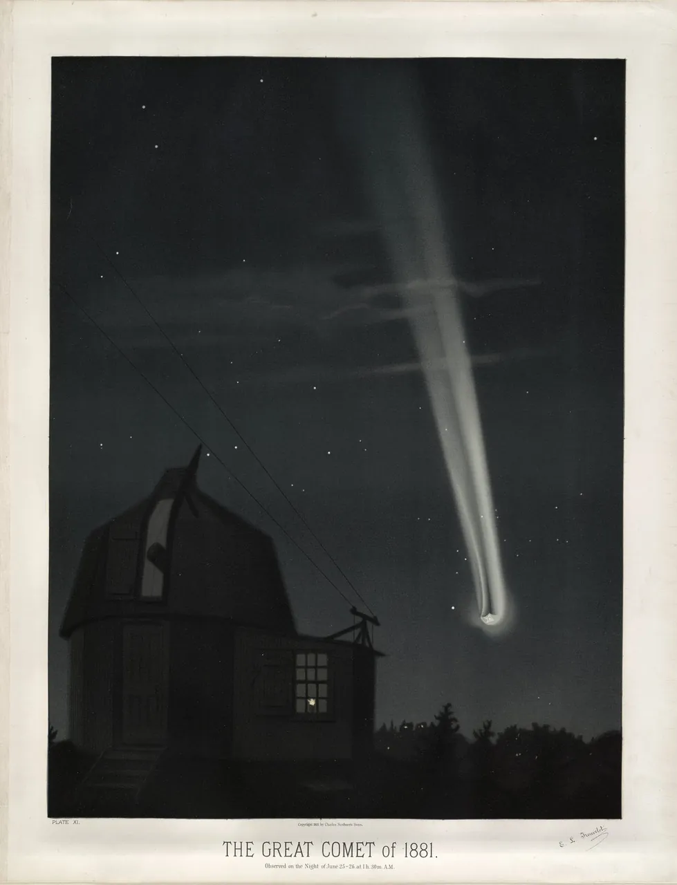 A bright comet with a long pale tail streams up across a dark starry sky above the dome of a small observatory.