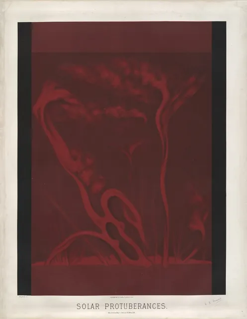 Red flame-like jets of gas rise from the dark edge of the sun against a black sky.