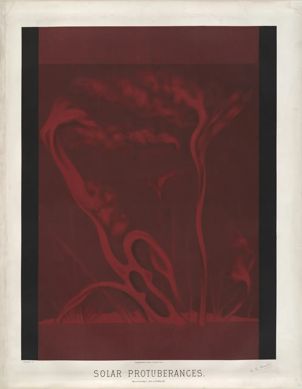 Red flame-like jets of gas rise from the dark edge of the sun against a black sky.