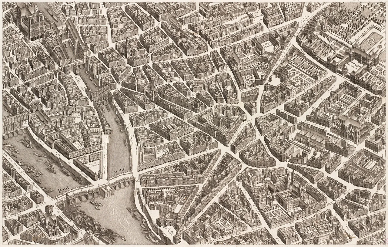 A bird's-eye engraving of a dense Paris quarter in 1739, every house, courtyard and street drawn, with the Seine and its bridges at the left.