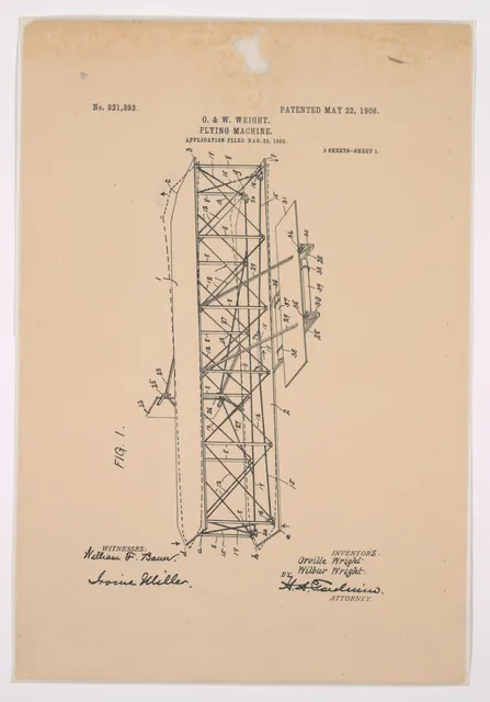 A patent drawing in fine ink lines of the Wright brothers' biplane seen from above, with numbered parts and signatures below.