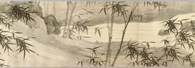 A long ink handscroll of bamboo groves in soft rain along the bank of a winding stream.