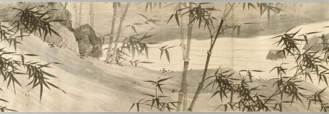 A long ink handscroll of bamboo groves in soft rain along the bank of a winding stream.